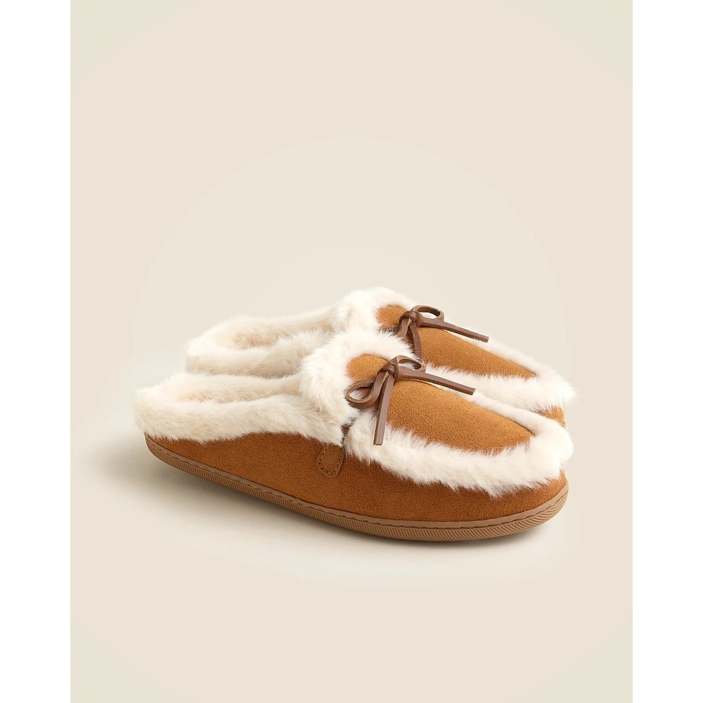 J.Crew Womens Size 9 Lodge Mules Suede Slipper Tan Faux Fur Trim NWT CP066